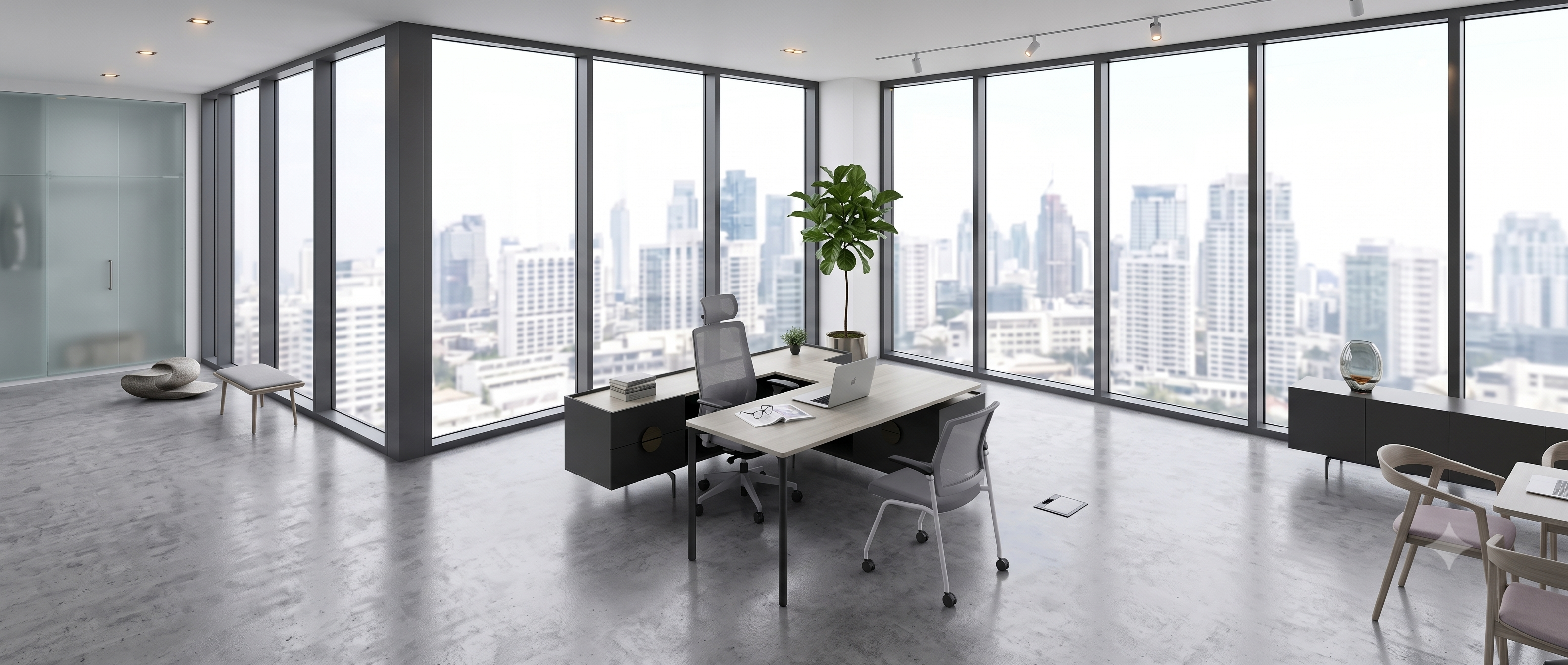 Executive office with desk, credenza and a meeting setting along the glazed wall