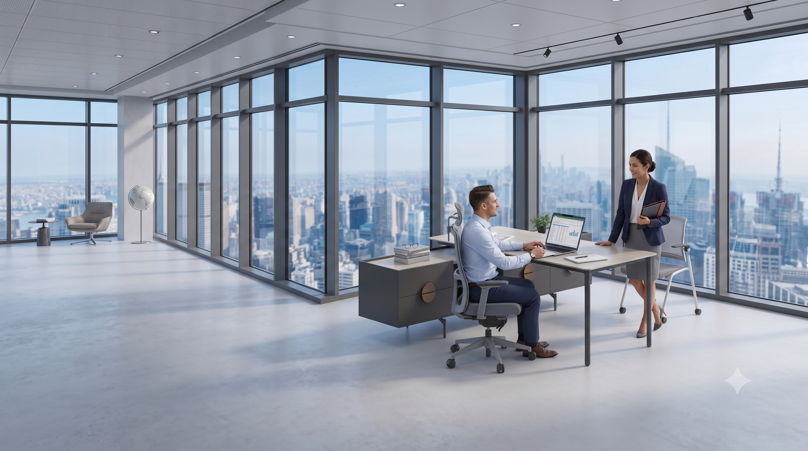 Executive desk and credenza in a corner office overlooking the city