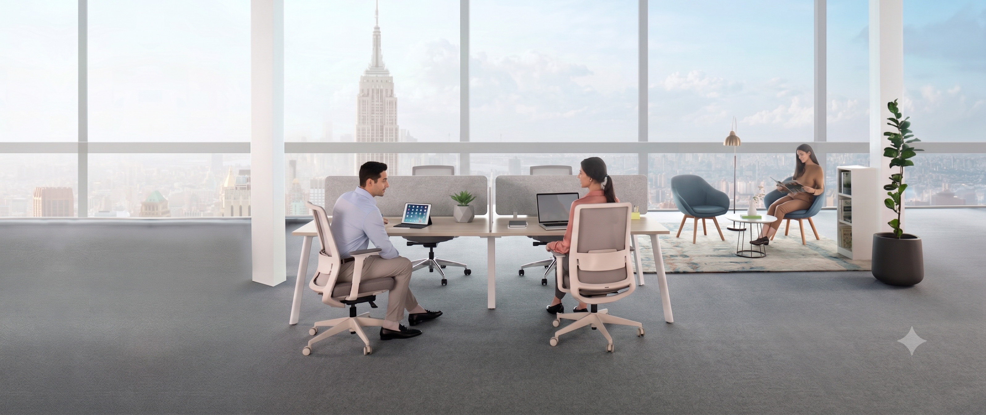 Open-plan bench desking with task chairs and a city skyline beyond